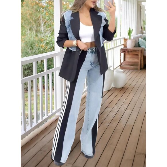 Womens Stretch High Waisted Wide Leg Jeans Patchwork Stripes Color Block - Picture 5 of 5